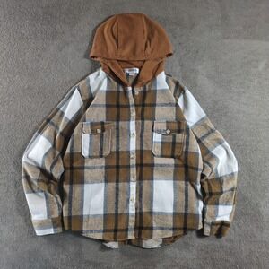 Women’s Brown Plaid Button-Down Shirt with Hood